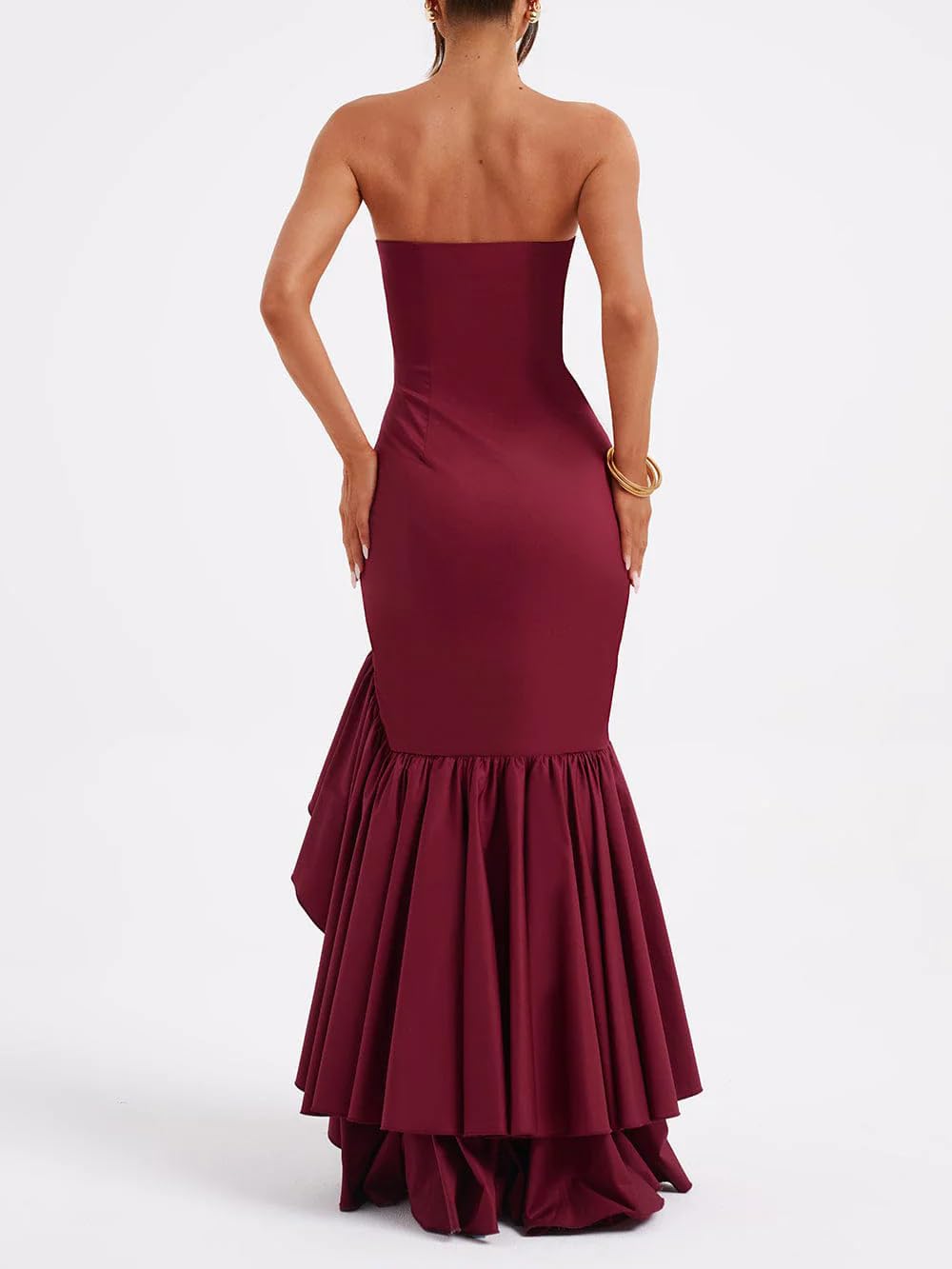 Burgundy tube-top ruffled high-slit fishtail maxi dress - Image 6
