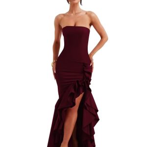 Burgundy tube-top ruffled high-slit fishtail maxi dress