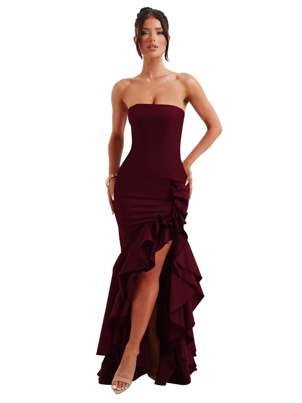Burgundy tube-top ruffled high-slit fishtail maxi dress