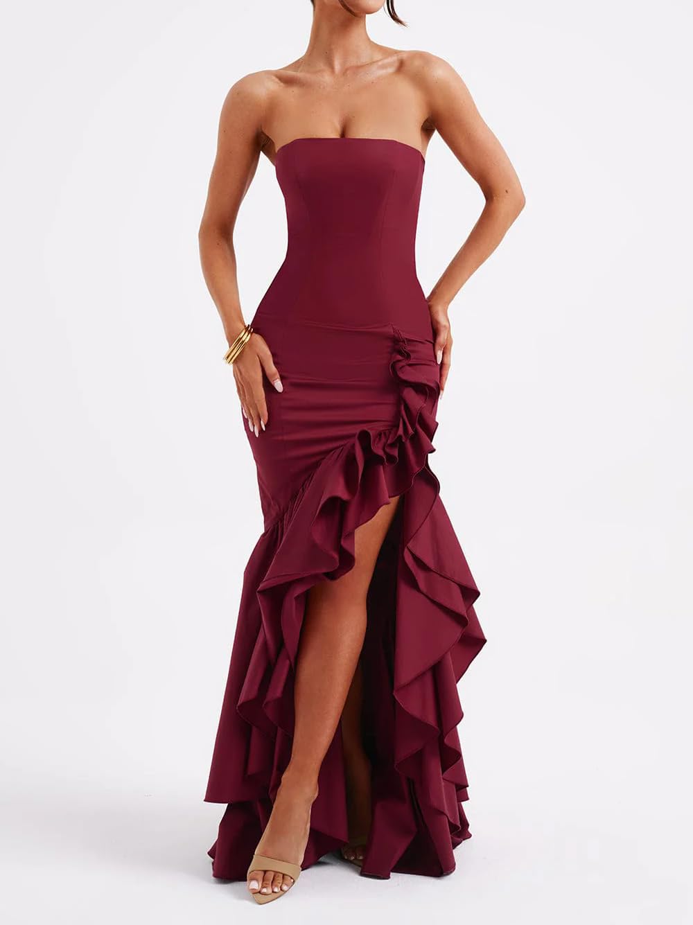 Burgundy tube-top ruffled high-slit fishtail maxi dress - Image 4