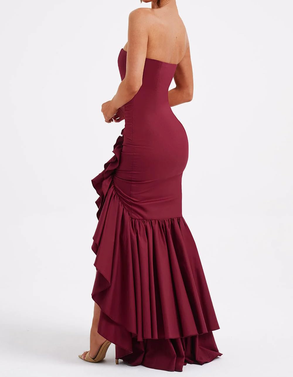 Burgundy tube-top ruffled high-slit fishtail maxi dress - Image 3