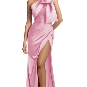 Light purple one-shoulder ruffled high-slit satin long dress with train