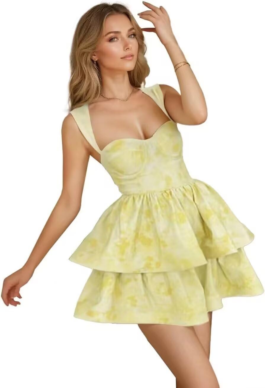 Lemon Yellow Tie-Dye Heart-Shaped Neck Strapless Cake Dress