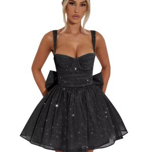 Black Sequined Sweetheart Neck Bow Flared Hem Mini Skirt