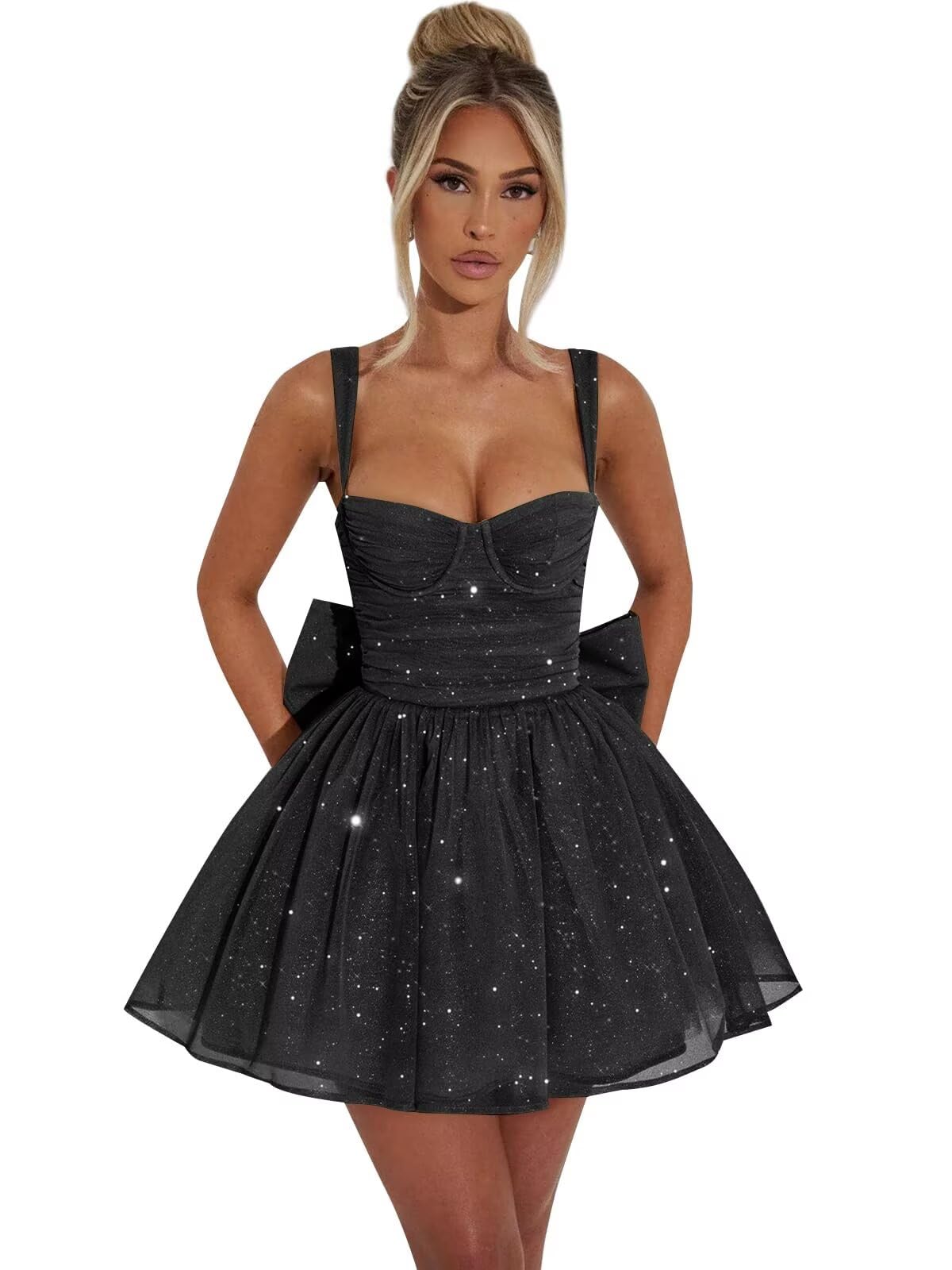 Black Sequined Sweetheart Neck Bow Flared Hem Mini Skirt