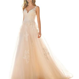 Light Champagne V-Neck Lace Embroidery Wedding Dress with Train