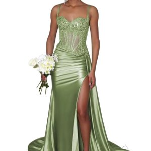 Olive green satin see-through lace high slit train dress