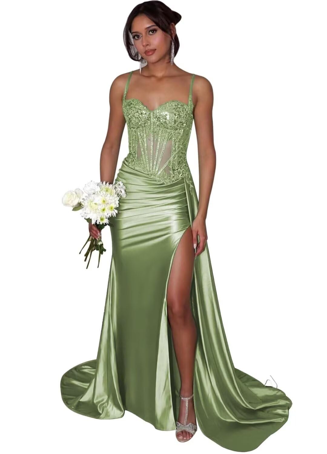 Olive green satin see-through lace high slit train dress