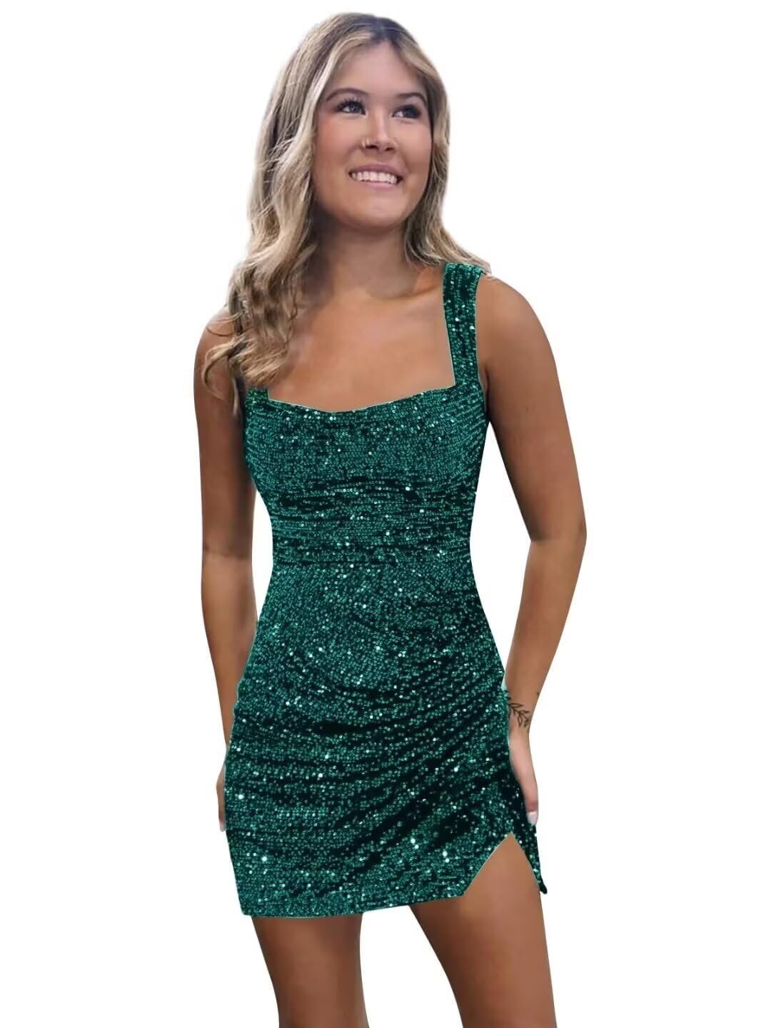 Dark green sequined pleated high slit bodycon mini skirt