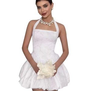 White jacquard halter neck waist bubble skirt