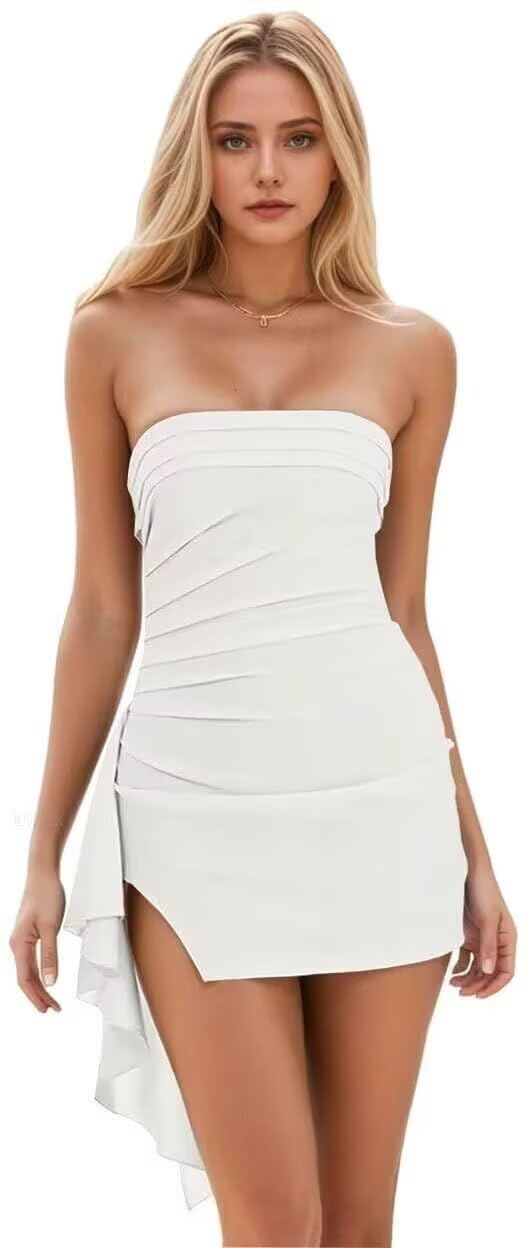 Off-white tube-top pleated irregular ribbon mini skirt