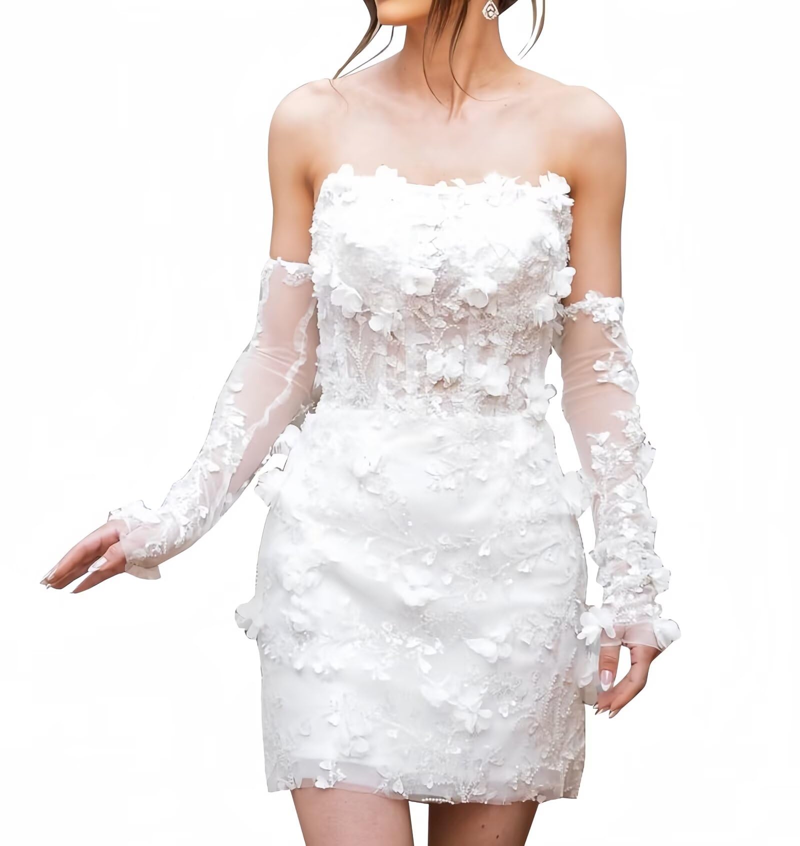 White 3D Flower Tulle Sleeve Mini Dress
