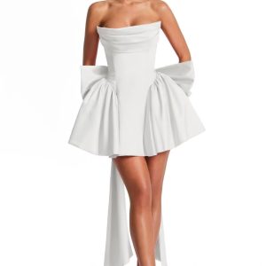 White pleated tube top bow hem short dress