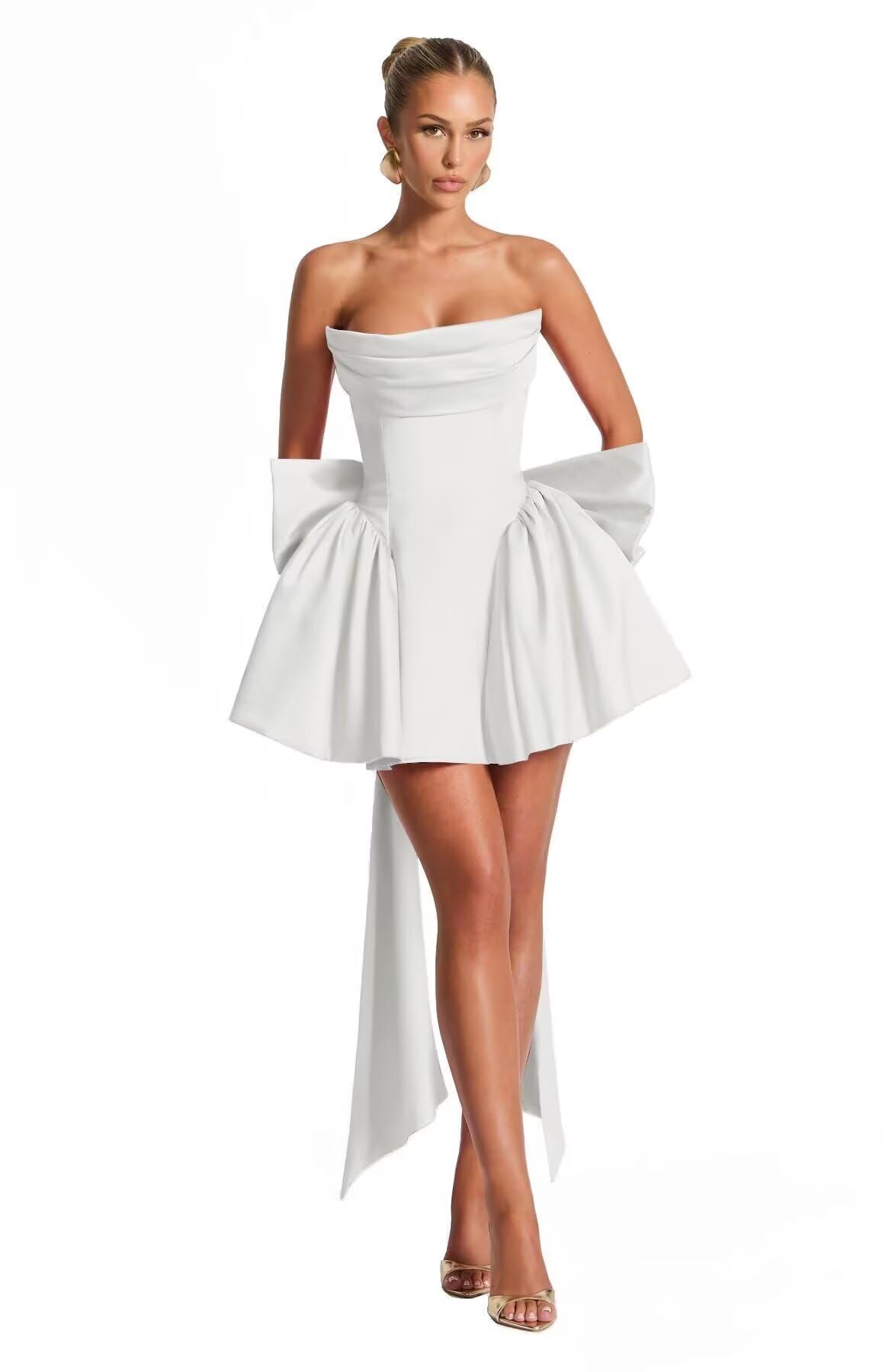 White pleated tube top bow hem short dress