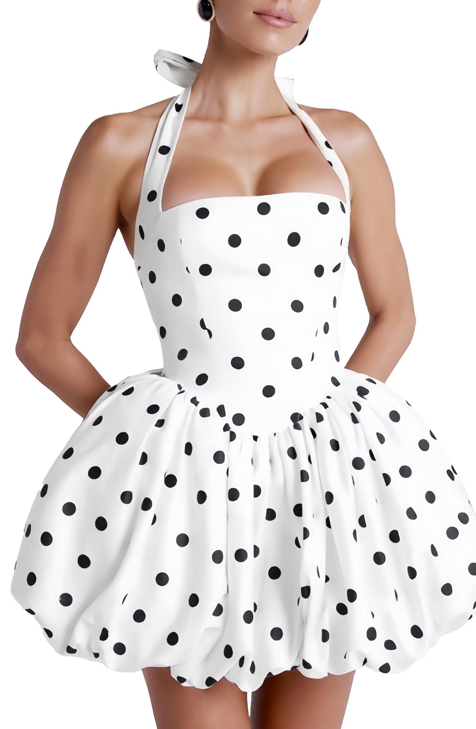 White polka dot halter neck fishbone waist mini skirt - Image 5