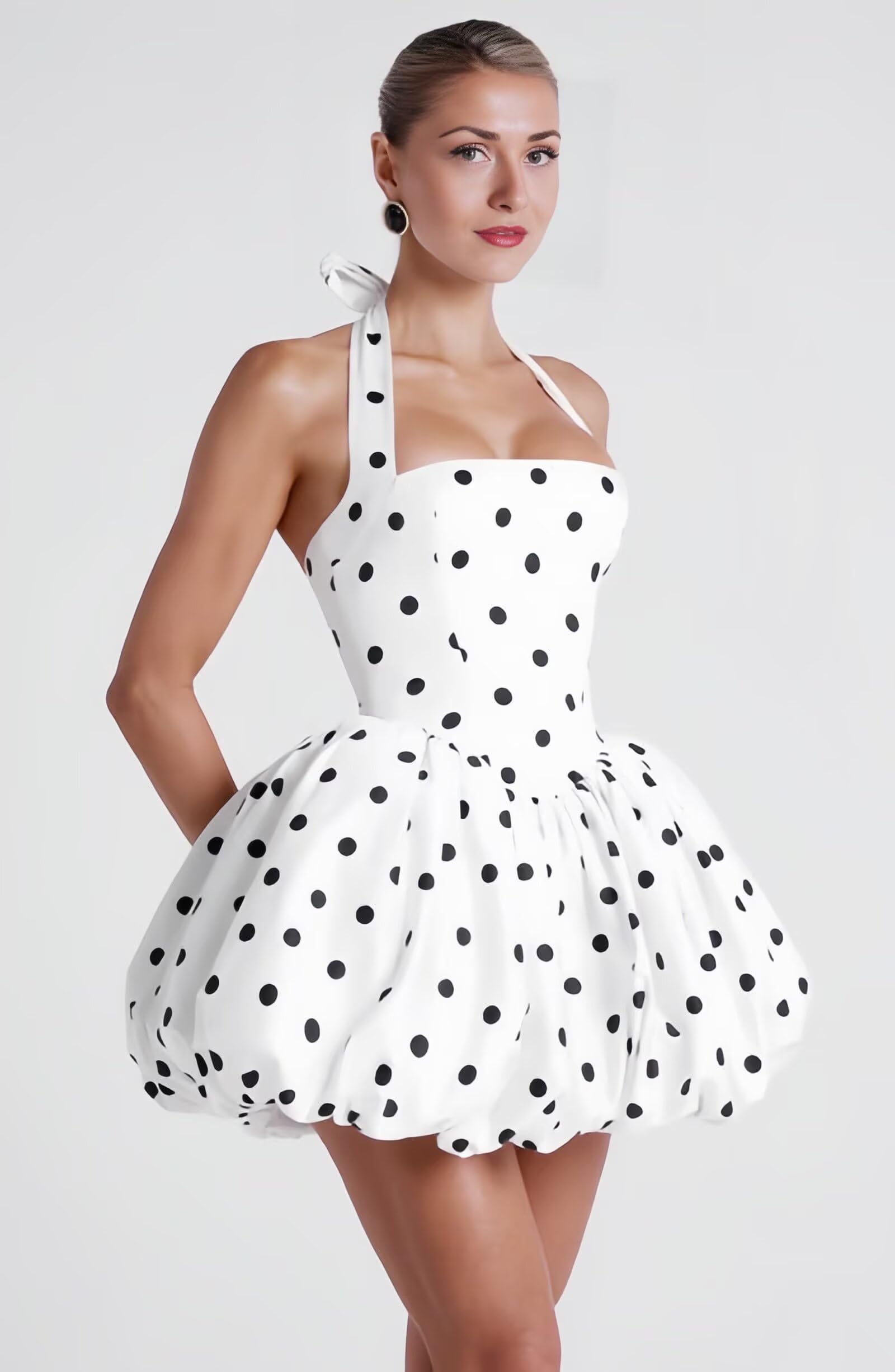 White polka dot halter neck fishbone waist mini skirt - Image 4