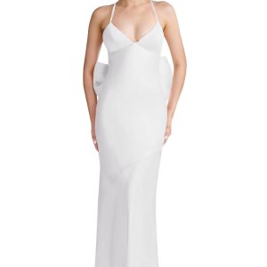 White Satin Deep V Open Back Bow Slim Maxi Dress