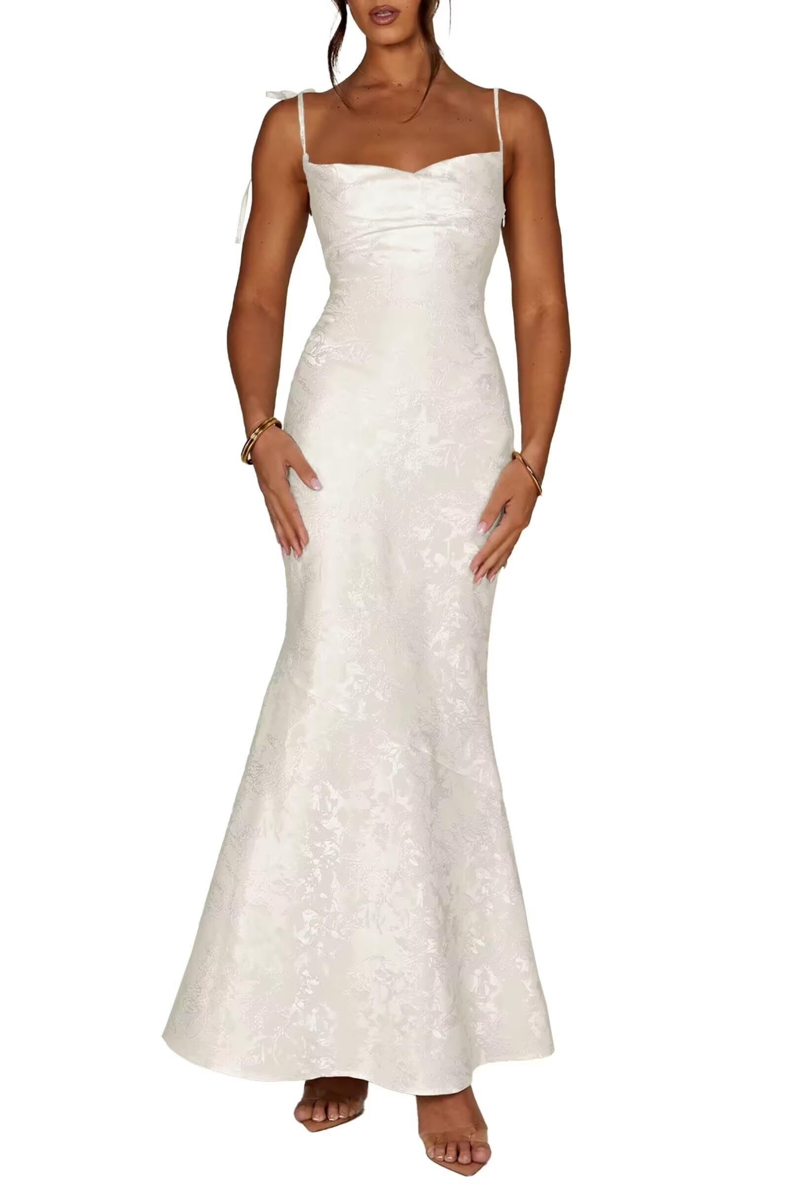 Ivory jacquard lace-up mermaid maxi dress