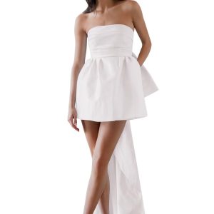 White satin open back large bow dress with train