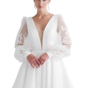 French Deep V Mesh Embroidered Sleeves and Flared Hem Little White Dress