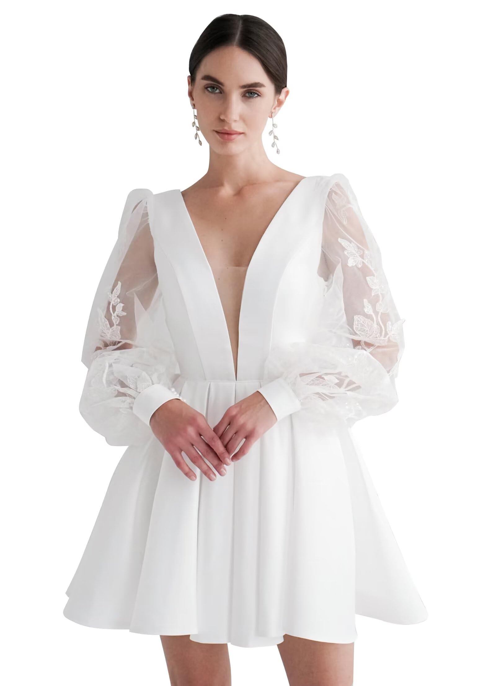 French Deep V Mesh Embroidered Sleeves and Flared Hem Little White Dress