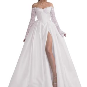 French Satin One-Shoulder Embroidered Long-Sleeved Wedding Dress with Train