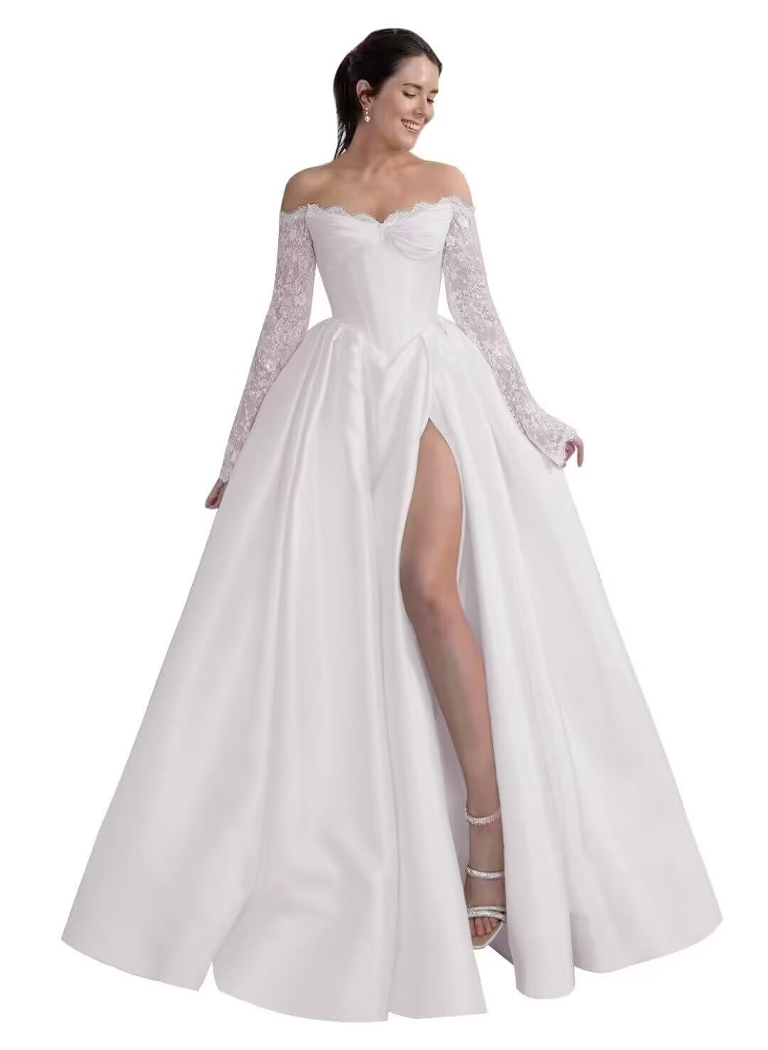 French Satin One-Shoulder Embroidered Long-Sleeved Wedding Dress with Train