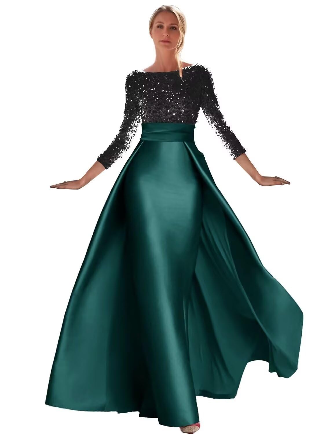 Retro dark green sequined satin long dress