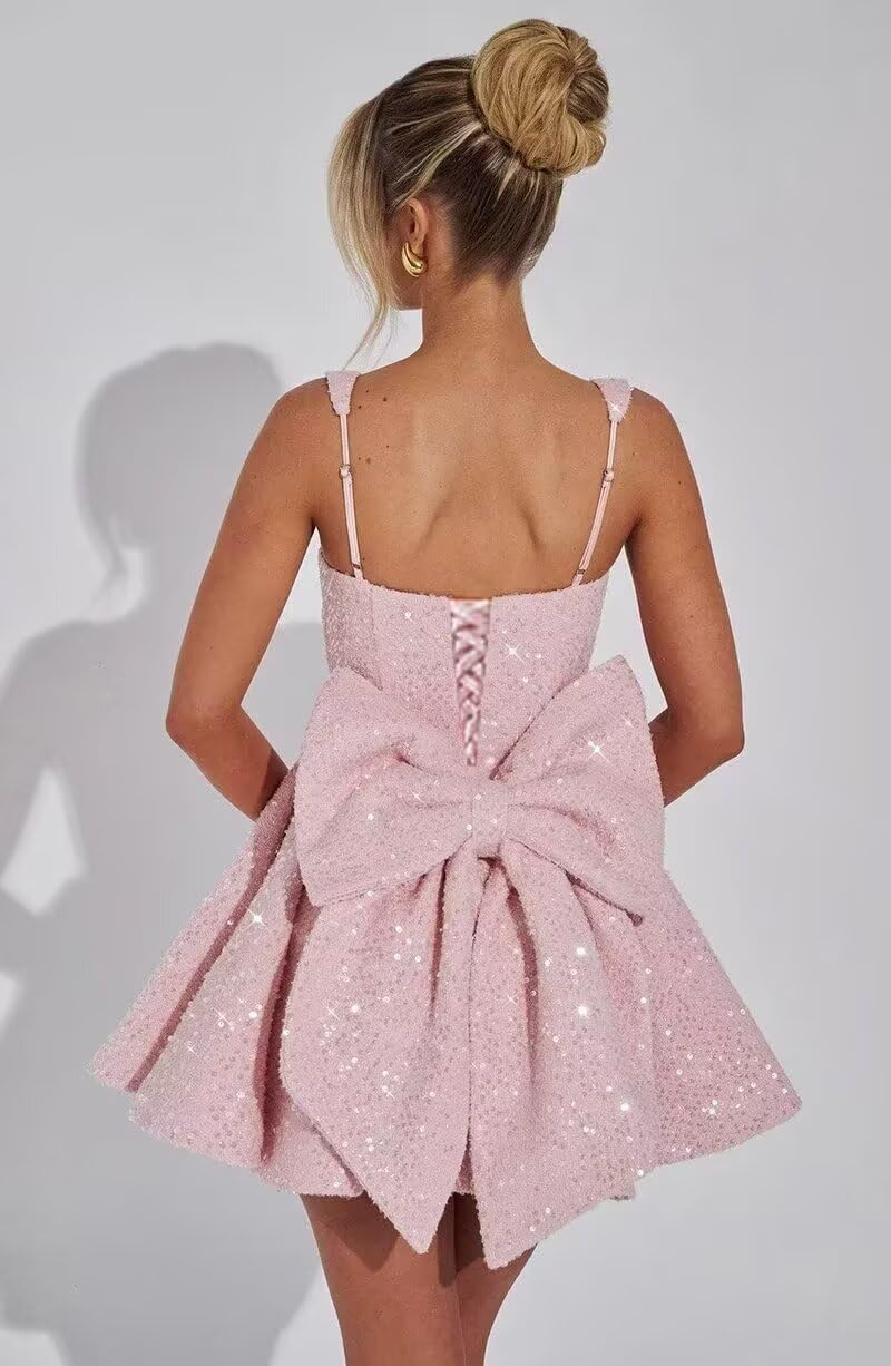 Pink Sequin Square Neck Bow Hem Mini Skirt - Image 5