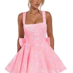 Pink Sequin Square Neck Bow Hem Mini Skirt