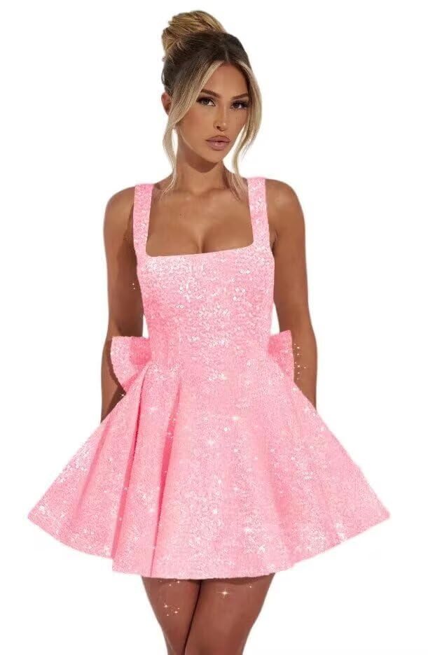 Pink Sequin Square Neck Bow Hem Mini Skirt