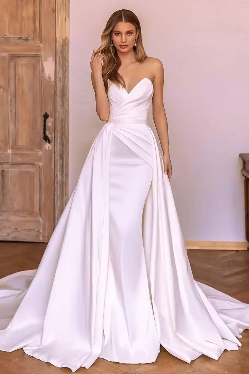 White satin strapless pleated mermaid dress with train - Image 6