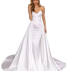 White satin strapless pleated mermaid dress with train