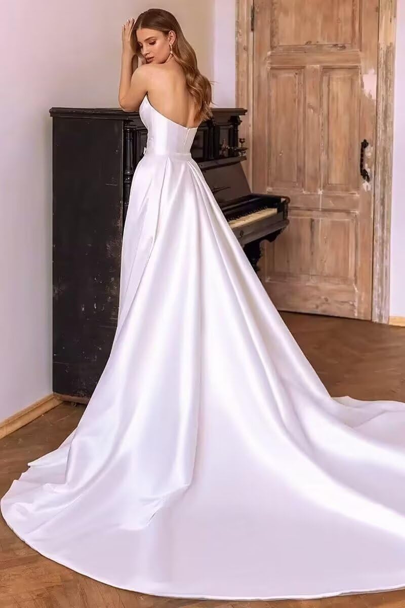 White satin strapless pleated mermaid dress with train - Image 4