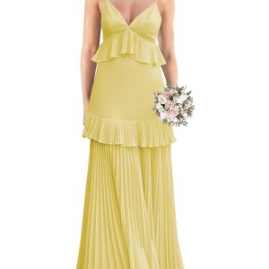 Bright yellow suspender ruffled pleated cake maxi skirt