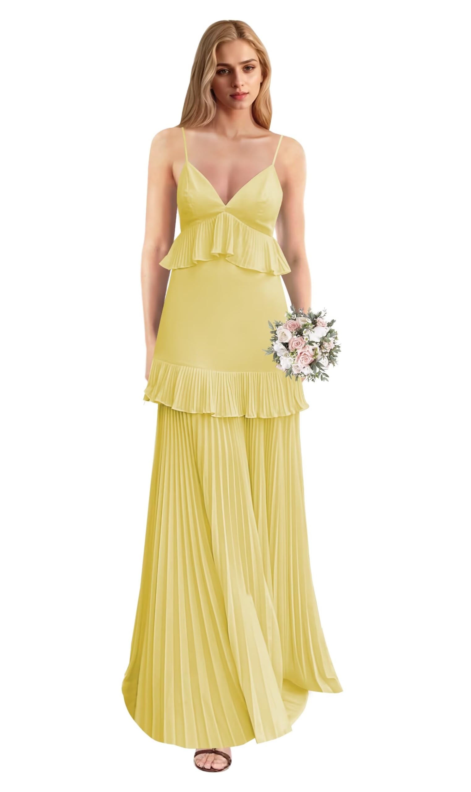 Bright yellow suspender ruffled pleated cake maxi skirt