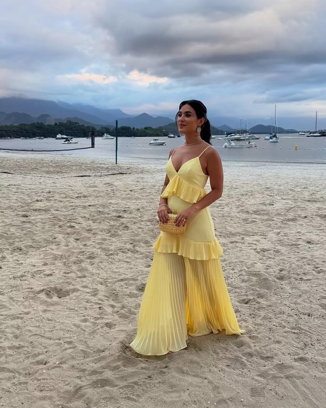 Bright yellow suspender ruffled pleated cake maxi skirt - Image 4