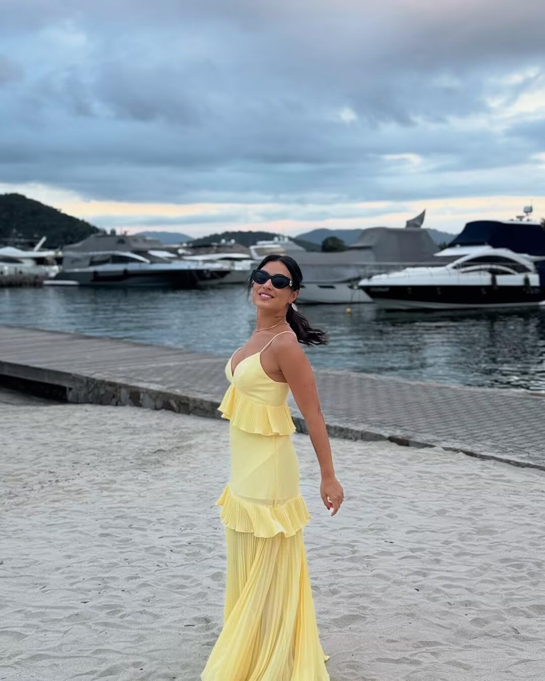 Bright yellow suspender ruffled pleated cake maxi skirt - Image 3