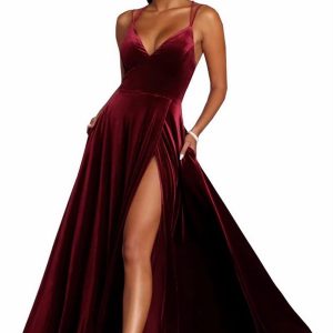 Burgundy Velvet Deep V Suspender High Slit Maxi Dress