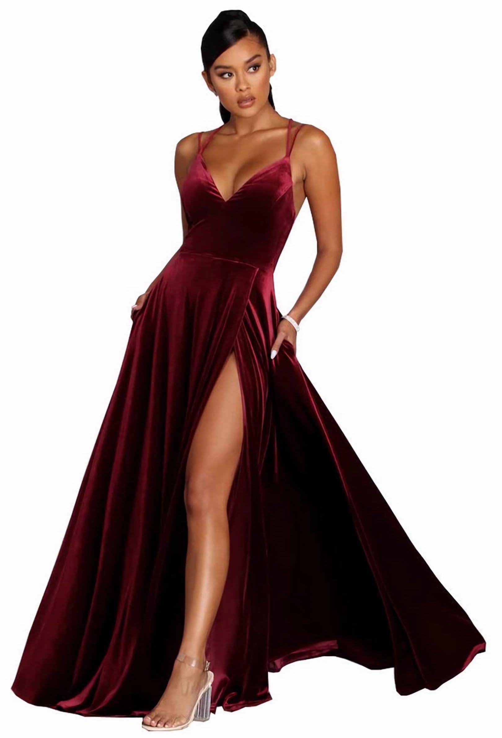 Burgundy Velvet Deep V Suspender High Slit Maxi Dress