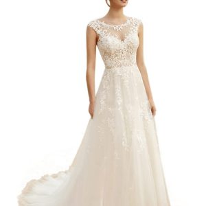 Light Beige Lace See-Through Round Neck Wedding Dress with Train