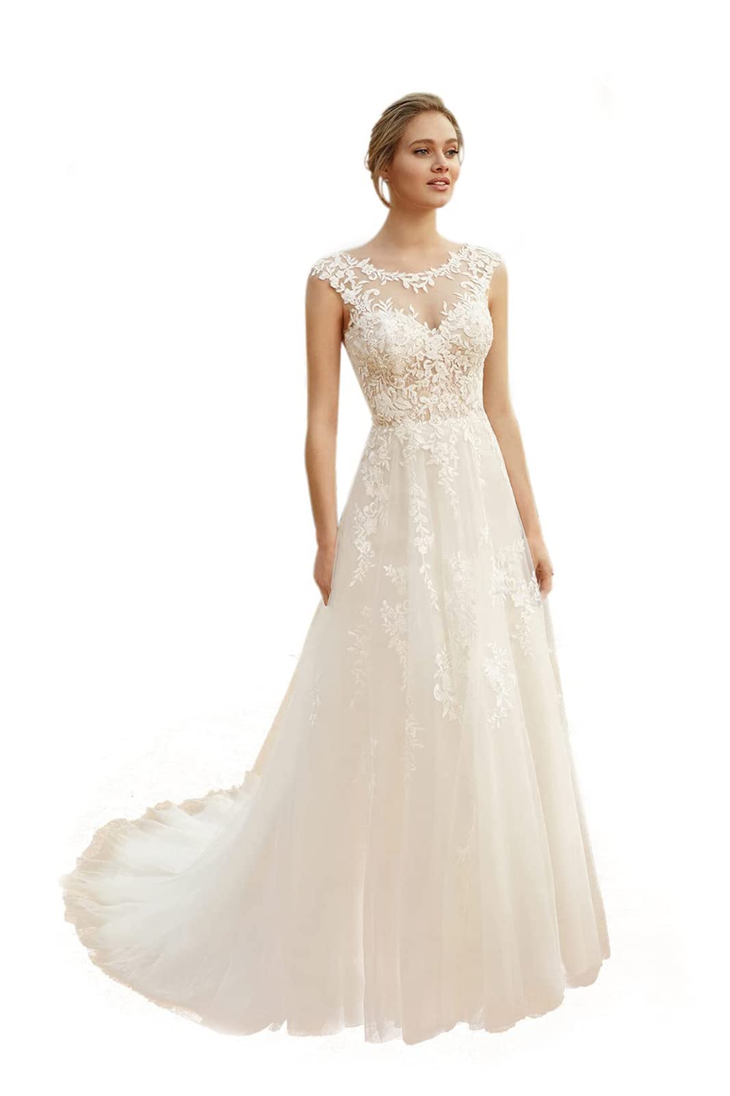 Light Beige Lace See-Through Round Neck Wedding Dress with Train