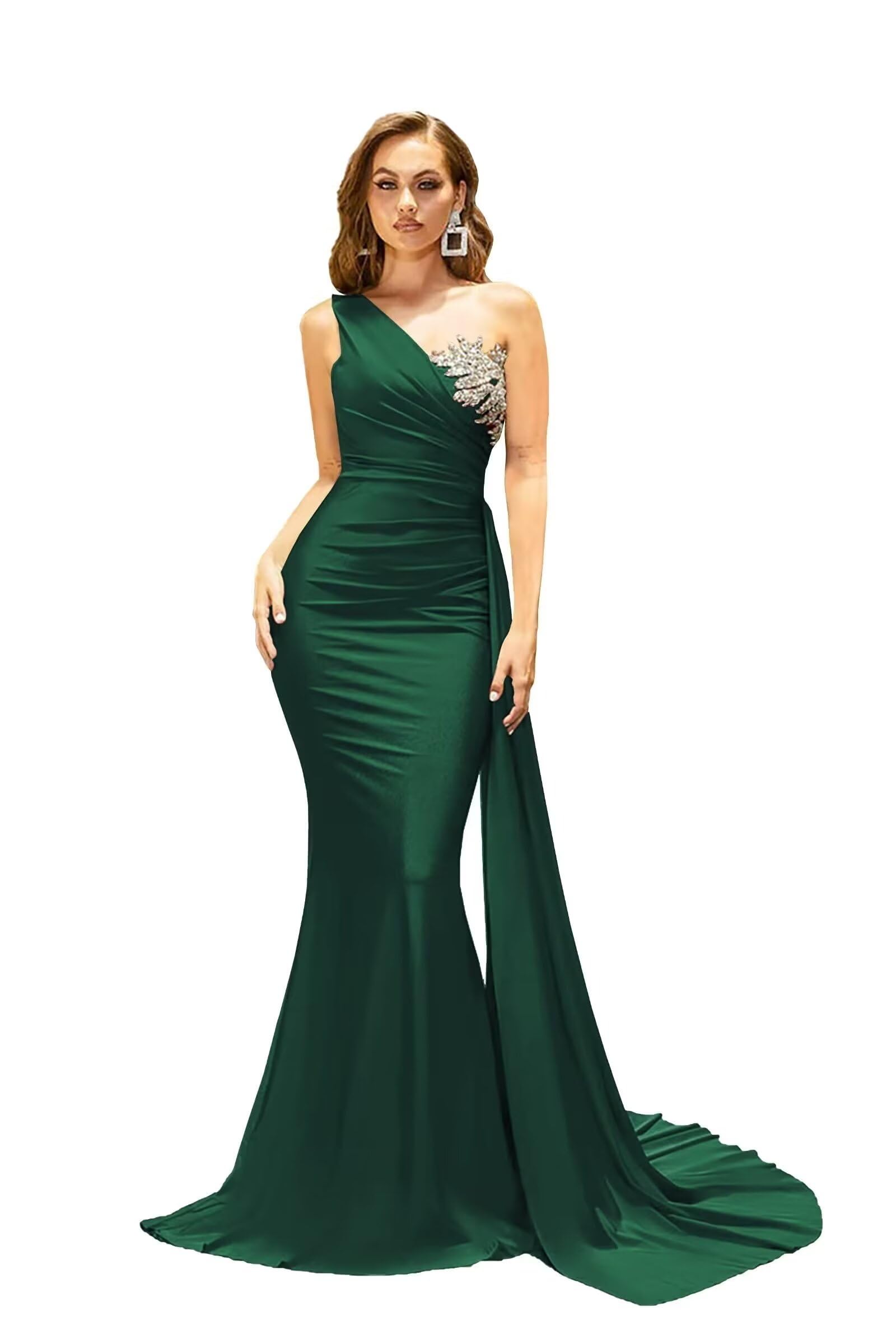 Dark green one-shoulder rhinestone fishtail dress with train